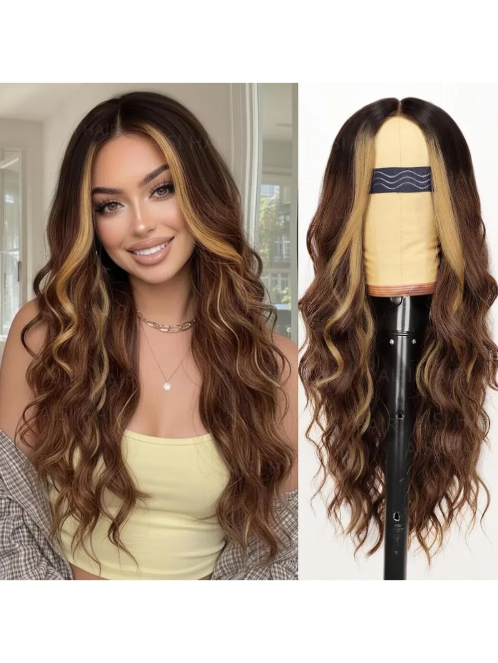 Women's Brown Highlight Lace Hairline 26 Inch Synthetic Heat Resistant Wavy Wigs